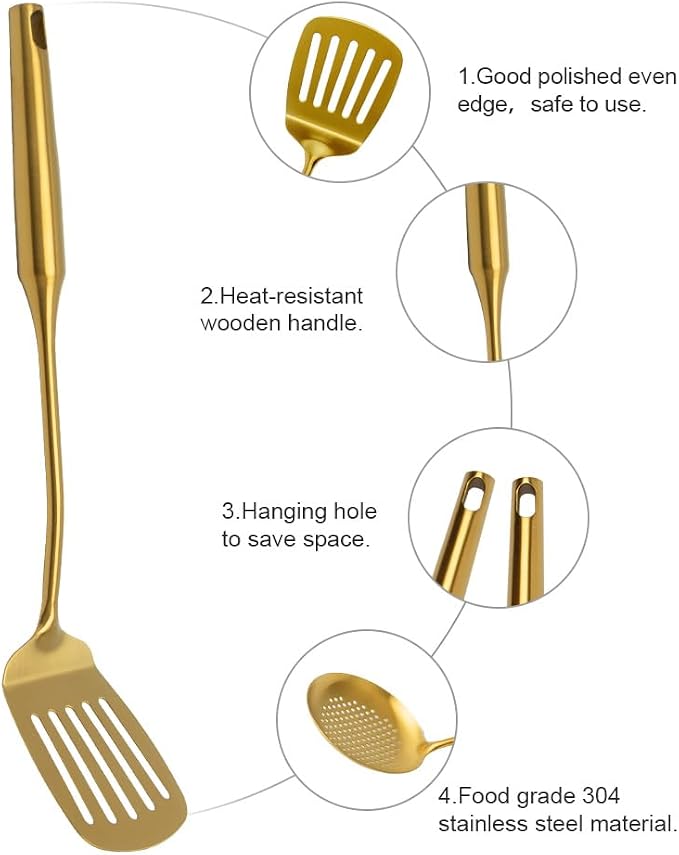 VALESKA 304 Stainless Steel Kitchen Utensils Set(Gold-13PCS),Include slotted spoon stainless steel, metal cooking slotted spoon, metal pasta spoon and etc,Easy to Clean - Image 6