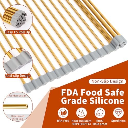 Extra Large Golden Roll-UP Dish Drying Rack-Stainless Steel Dish Drainer Over The Sink for Kitchen Countertop,Applicable for Sink Width Less Than 19in (Gold,20.5'x 13.2') - Image 6