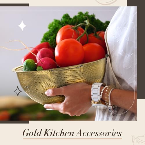 Baderke 6 Pcs Gold Kitchen Accessories Set Includes 3 Gold Mixing Bowls with Airtight Lids Stainless Steel Colander Grater Slicer and Fine Mesh Strainer(Mixing Bowls: 2.8/3.7/5 Qt, Colander: 4 Qt) - Image 4