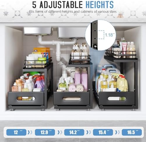 Under Sink Organizer Upgrade To Professional Rails,2-Tier Dual Pull Out Cabinet Storage,Height Adjustable Slide Out Drawers For Bathroom Kitchen,2 Pack-21"Dx12.8"-16.9"H,Black - Image 6
