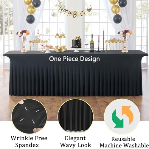 4 Pack Black Spandex Tablecloths for 8 Foot Rectangle Tables, Wrinkle Free Stretchy Table Cloth 8ft Fitted Tablecover Skirt for Parties Weddings Birthday Banquet Baby Shower - Image 3