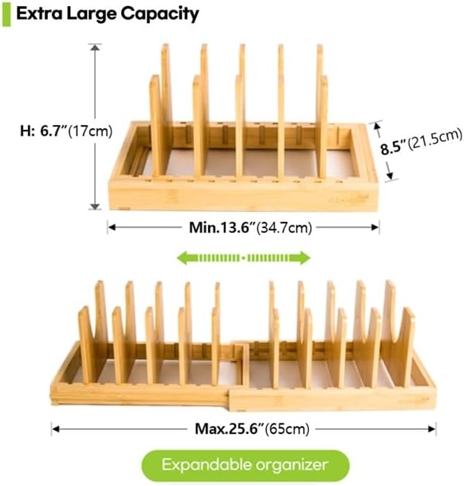 Pots and Pans Organizer under Cabinet Expandable Bamboo Pot Lid Holder Rack - Image 2