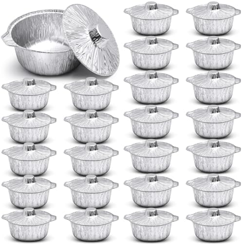 Ziliny 24 Pcs Disposable Aluminum Pot with Lid Round Foil Pans Disposable Cookware Food Container for Vacation Trips Camping Baking Heating Cooking (74.4 oz) by Ziliny