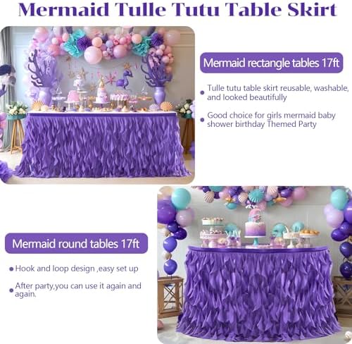 Partisky Mermaid Purple Tulle Curly Willow Table Skirt for Rectangle Table 17ft, Ruffle Tutu Table Cloth for Girls Boys Baby Shower,Mermaid Birthday Party - Image 5