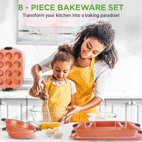NutriChef 8-Piece Baking Pans Set - Nonstick Bakeware Set w/Silicone Handles, Includes 12 Cup Muffin, Round Cake, Pizza, Loaf & Square Pan, & Cookie Sheet - Dishwasher Safe & Easy Cleanup - Copper - Image 2