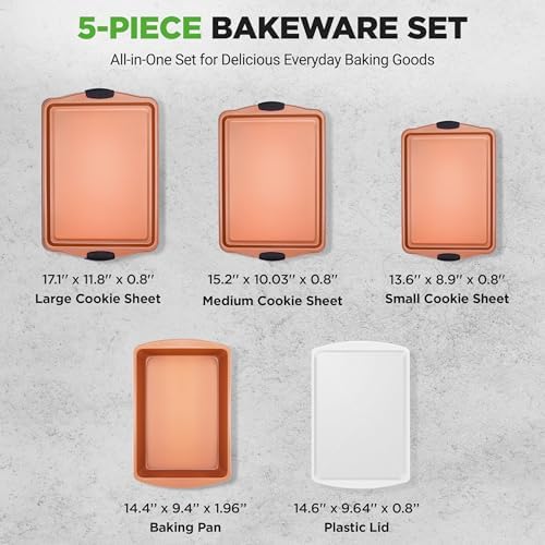 NutriChef 5-Piece Bakeware Set – Premium Non-Stick, Stackable Kitchen Baking Pans with Silicone Handles – Includes 3 Cookie Sheets, Baking Pan & Lid – Perfect for Cakes, Cookies & Brownies - Image 4