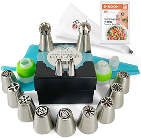 Wenburg Russian Piping Tips Set, 38-pc: 11 Large Flower Piping Tips, 2 Leaf Attachment, 3 Couplers, 20 Disposable Piping Bags, Silicone Piping Bag – Cupcake and Cake Decorating Baking Set (Classic) by Wenburg