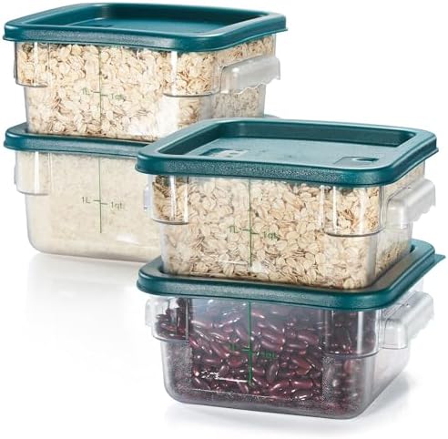 CURTA 4 Pack Food Storage Container with Green Lid - NSF Listed Commercial Grade in 2.0 Qt - Square, Clear, Polycarbonate by CURTA