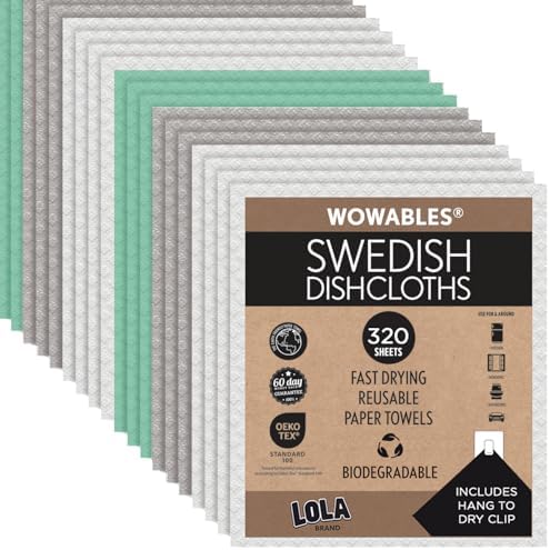 LOLA Swedish Dishcloths for Kitchen 320 Sheets, Biodegradable Compostable Reusable Paper Towel Cleaning Cloths No Odor Washing Dishes Ultra Absorbent Cellulose Sponge Towel Made in Germany by LolaProducts