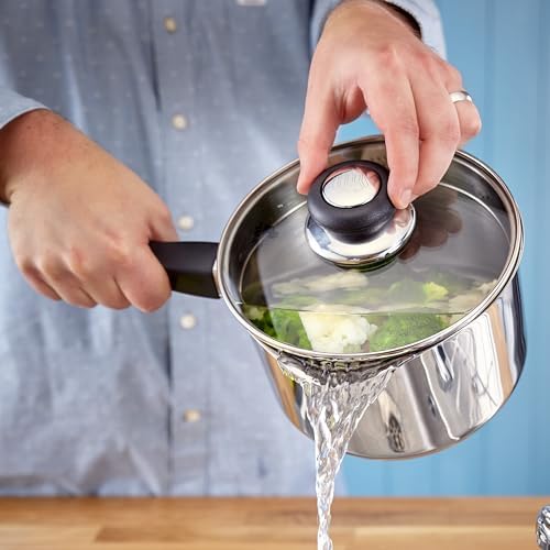 Judge Vista Draining Stainless Steel Large Saucepan with Pouring Lip 18cm 2.1L, Shatterproof Glass Strain & Pour Lid, Induction Ready, Oven Safe - Image 3