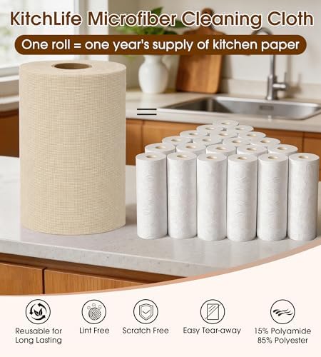 KitchLife Microfiber Cleaning Cloth Roll, 200 Pack - Tear-Away Microfiber Paper Towels, Lint-Free, Reusable, Washable for Kitchen, Car, Dishes, and Sensitive Surfaces (Sand Beige) - Image 3