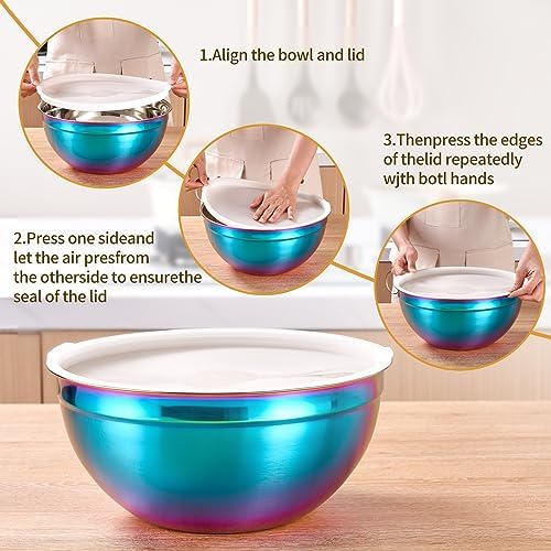 Rainbow Mixing Bowls With Airtight Lids,Stainless Steel Bowl,Salad Bowls 7 Piece Colorful Nesting Bowl Rainbow Kitchen Accessories,Size 7,3.6,2.7,2.1,1.5,1.1,0.8QT Stackable Design - Image 3