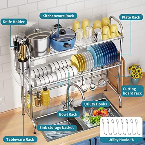HOWDIA Stainless Steel 2-Tier Over The Sink Dish Drying Rack with Utensil Holder, Large, for Kitchen Counter - Image 5