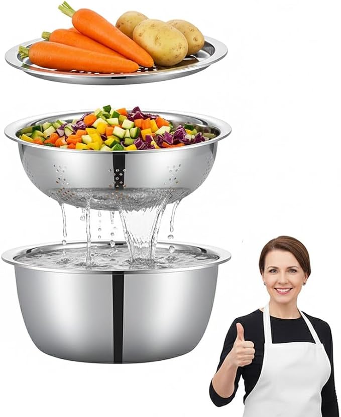 Germany Multifunctional Stainless Steel Basin, 3 in 1 Multifunctional Stainless Steel Basin Strainer Set with Grater, Strainer Drain Basket for Rinsing Draining Mixing (M (10.24in)) by BNGXR