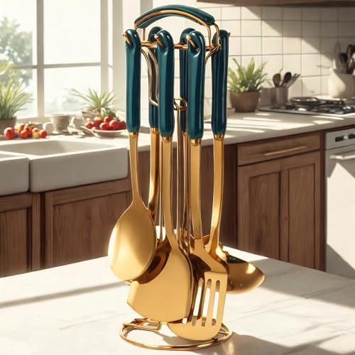 Novellus Stainless Steel Gold Kitchen Utensils Set with Holder, 7pcs Green | Kitchen Accessories for Cooking Includes Soup Ladle, Metal Spatula, Slotted Spoon, Slotted Spatula, Pasta Spoon, Green - Image 3