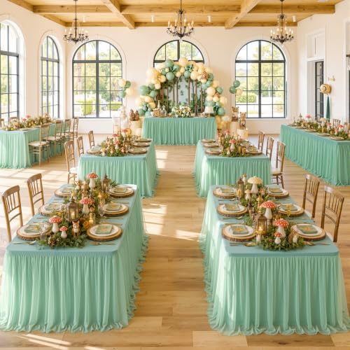 2pack Grayish Green Tulle Tablecloth for 8 Foot Rectangular Tables, 2-in-1 Elastic Stretch Spandex Cover with Tutu Ruffle Skirt, Wrinkle Free for Wedding, Birthday, Banquet, Buffet, Bridal Shower - Image 2