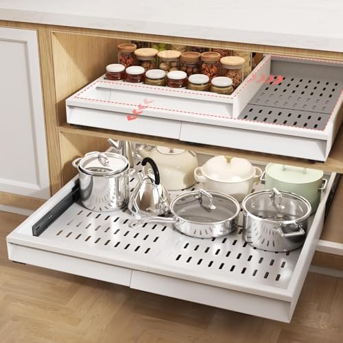 Seinloes Pull Out Cabinet Organizer, 4-Side Expandable to Fit Most Cabinets, 3 Rail Slide Out Drawers with Raising Pad for Framed & Frameless Cabinets, 15"-25" W x 17"-24" D, White, 2 Pack by Seinloes