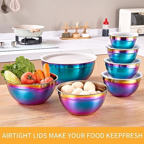 Rainbow Mixing Bowls With Airtight Lids,Stainless Steel Bowl,Salad Bowls 7 Piece Colorful Nesting Bowl Rainbow Kitchen Accessories,Size 7,3.6,2.7,2.1,1.5,1.1,0.8QT Stackable Design - Image 6