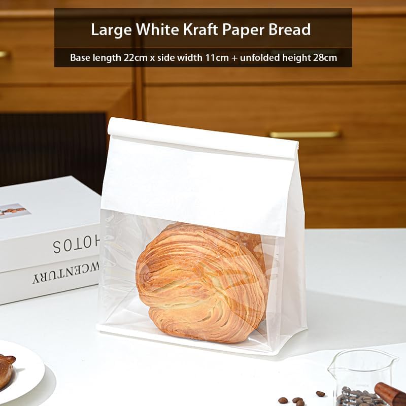 Paper Bakery Bags with Window, Kraft and White, Roll Top Closure, Food Storage for Bread Cookies Snacks (50, White, Large) - Image 2