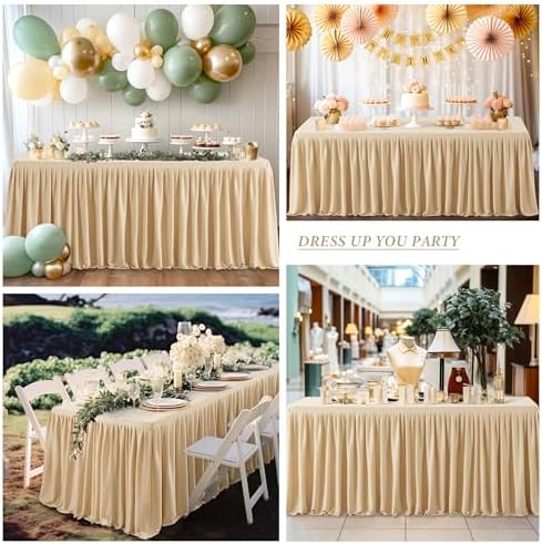 1 Pack Dark Champagne Tablecloths for Rectangle Tables 4ft, Wrinkle Resistant Champagne Table Cover Fitted Stretch Table Cloth with Pleated Ruffle Skirts for Party Banquet Dining Birthday Wedding - Image 3