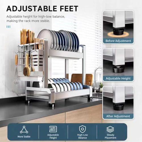 Large Dish Drying Rack Over Sink, Free-Standing Stainless Steel No Installation 2 Tier Organizer with Thick Columns, Nordic Style Storage Shelf - Image 4