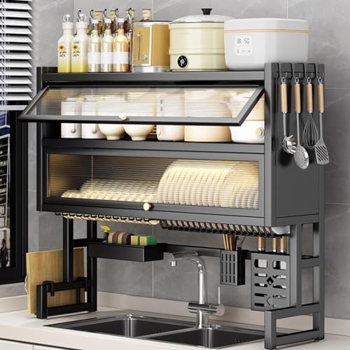 Large 3-Tier Over Sink Dish Drying Rack with Flip-top Door,Kitchen Counter Utensil Holder Organizers Space-Saving,Multifunctional Metal Counter Shelf,for Plates Bowl(Black,85cm/33.5in) by YITAYMLI