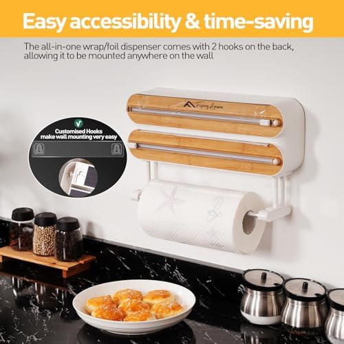 APSARAS USA Magnetic Plastic Wrap Dispenser with Cutter, 3 in 1 Aluminum Foil wrap Organizer, Practical Refillable Cling Wrap Film Cutter, Wall Mount Kitchen Wrap Dispenser, Include 2 * 12" Rolls - Image 4