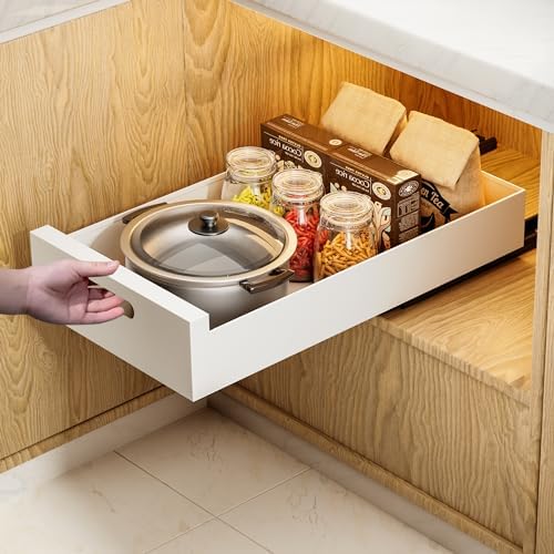 HBL' 1 Pack | 21" Deep Pull Out Cabinet Organizer Adhesive, 10-Inch Wide Sturdy Carbon Steel Roll-Out Drawers, Designed for Frameless Cabinets, Slide-Out Shelves for Pantry. by HBL