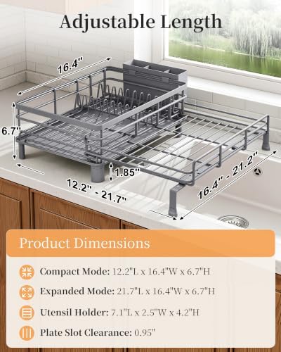 SAYZH Expandable Dish Drying Rack for Kitchen Counter, Metal, Grey - Image 2