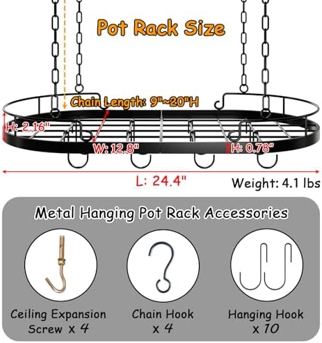 24.4” Metal Pot Rack Hanging, Oval Pan Rack Hanging with Hooks - Image 3