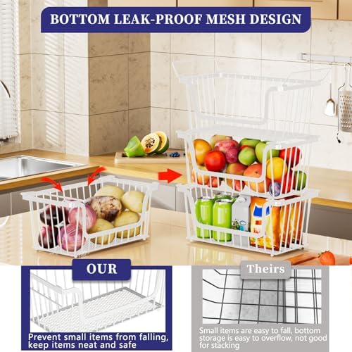 5 Pack Enhanced Leak-Proof Bottom Stackable Wire Baskets, Pantry Organizers and Storage, pantry storage，Shelf Baskets, Fruit Basket, Potato and Onion Storage Bins，(White) - Image 2