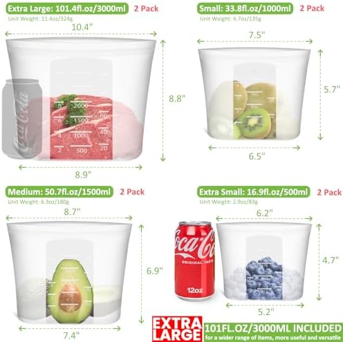 Reusable Storage Bag, 8 Pack 100% Silicone Food Storage Bags Stand Up Zip Lock Bags for Food, Freezer Microwave Oven Dishwasher Safe, 2 X-Large(0.8 Gallon) 2 Medium 2 Small 2 X-Small, Translucent - Image 3