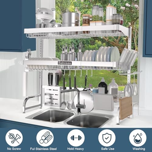 Over The Sink Dish Drying Rack,3 Tier Adjustable Length (25.5'' to 37.4'') Full Stainless Steel Large Storage Kitchen Dish Rack,For Kitchen Counter Expandable Multifunctional Organizers,Silver - Image 2