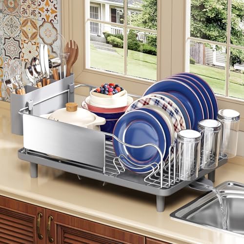 KINGRACK Stainless Steel Dish Drying Rack with Cup Holder for Counter, Grey by KINGRACK