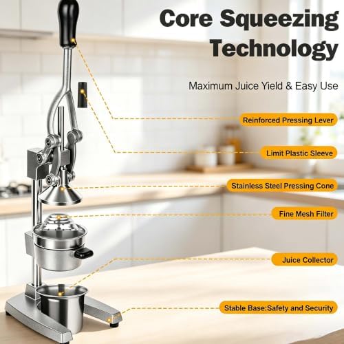 Cast Iron Orange Juicer Squeezer Hand Press Heavy Duty Countertop Squeezer Manual Citrus Juicer with Stainless Steel Cup for juicing oranges, lemons, pomegranates, limes, citrus, etc（silvery） - Image 6