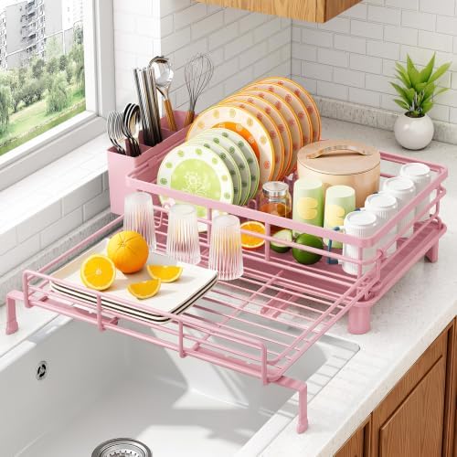 SAYZH Expandable Dish Drying Rack for Kitchen Counter, Metal, Pink by SAYZH