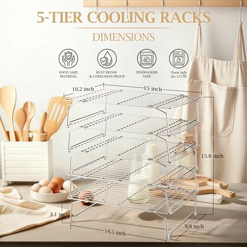 LIANYU Cooling Rack 15"x10", 5-Tier Stackable & Collapsible Cooling Racks | Stainless Steel Wire Baking Racks Fits Jelly Roll Pan, Great for Cooking, Baking, Roasting, Grilling, Oven & Dishwasher Safe - Image 2