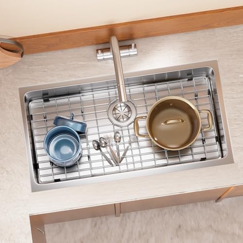 Sink Protectors for Kitchen Sink,Large Sink Rack,Stainless Steel Sink Grid for Bottom of Sink 28.6"X 14",Metal Sink Grate with Strainer,Rear Drain for Single Bowl with Corner Radius,1 pack - Image 6