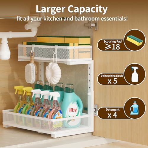Under Sink Organizer 2 Pack, 2-Tier Slide Out Cabinet Organizer with Metal Sliding Drawer and Hooks, Pull Out Storage Baskets for Kitchen Bathroom Pantry Cabinet Organization (White) - Image 2