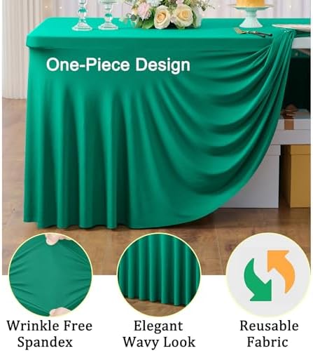 6 Pack Emerald Green Spandex Tablecloth for 8 Foot Rectangle Tables, Wrinkle Free Fitted Table Cloth Cover 8FT Green Stretchy Tablecloths with Skirt for Parties Weddings Birthday Banquet Baby Shower - Image 3