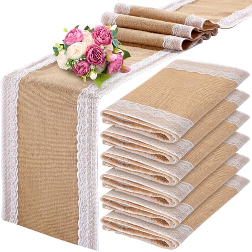 Tatuo 12 Pcs Burlap Table Runners with Lace 12 X 72 Rustic Jute,Cute by Tatuo
