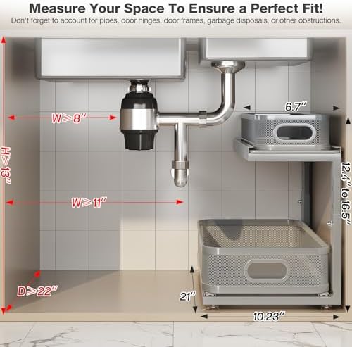 2 Pack 21IN-Depth Under Sink Organizer With Next-Gen Ball-Bearing Slides,2-Tier Precision Mesh Pull Out Cabinet Storage for Bathroom&Kitchen,Height Adjustable Drawers Shelf,Anti-rust-Grey - Image 2