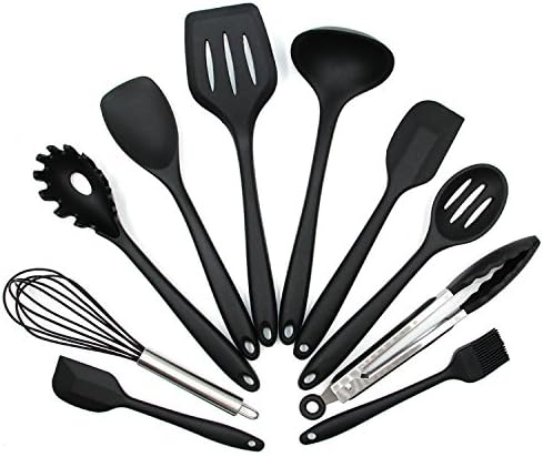 Silicone Kitchen Utensils 10 Piece Cooking Utensil Set, Made of FDA Grade, BPA Free Silicone, Heat Resistant up to 450 Degrees Fahrenheit, Non Stick Stain & Ordor Resistant, Dishwasher Safe - Black by Unknown