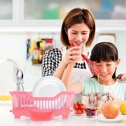 Cabilock 1 Set Kitchen Draining Rack Dish Drainer Basket Bowl Drying Holder Utensils Storage Shelf Space Saver Basket for Home Kitchen Bathroom Counter Pink - Image 5