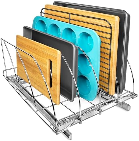 LYNK PROFESSIONAL® Pull Out Cookie Sheet Organizer for Cabinet – Baking Sheet Organizer – Sheet Pan Organizer - Lifetime Ltd. Warranty – 14” x 21” Deep Inside Cabinet, Chrome by LYNKPROFESSIONAL