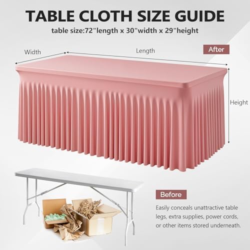 Wish Care 2 Pack Dusty Rose Spandex Table Clothes for 6 Foot Rectangle Tables, 6FT Wrinkle Free Fitted Tablecloths Ruffles Design Table Cloth for Party, Banquet, Wedding and Events - Image 5