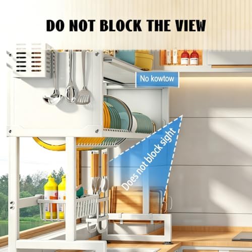 Over Sink Dish Drying Rack 2 Tier Stainless Steel Dish Drainer with Cover and Utensil Holders Large Capacity Space Saving Kitchen Organizer - Image 4