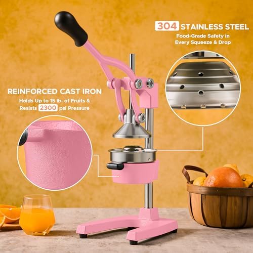 CO-Z Manual Citrus Juicer, Heavy-Duty Manual Juicer with Conical & Flat Pressure Plates, Professional Lemon Squeezer for Orange Pom Lime Lemon Juice, Dishwasher Safe Juice Press, Pink - Image 4