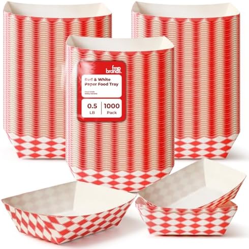 Fit Meal Prep 1000 Pack 0.5 lb Paper Food Boats Heavy Duty Disposable Trays, Red Check For Parties Fairs Picnics Carnivals, Holds Ketchup Cheese Sauce Pickles Grease Resistant by FMPBRANDS