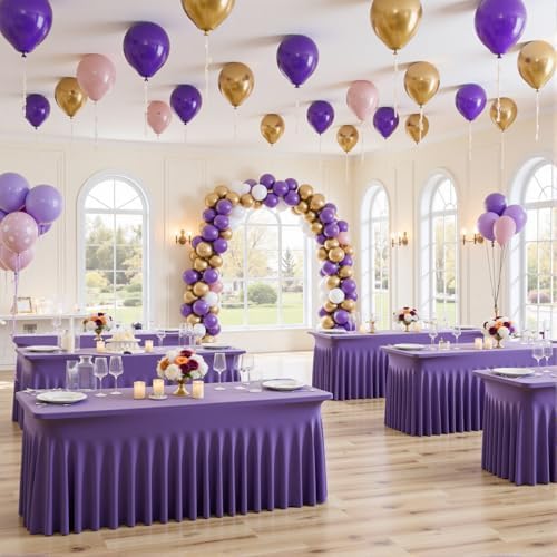 4 Pack Purple Spandex Table Clothes for 8 Foot Rectangle Tables, Wrinkle Free Fitted Table Cover 8ft Stretch Tablecloths Desk Skirt for Parties Weddings Birthday Banquet Baby Shower by Htper